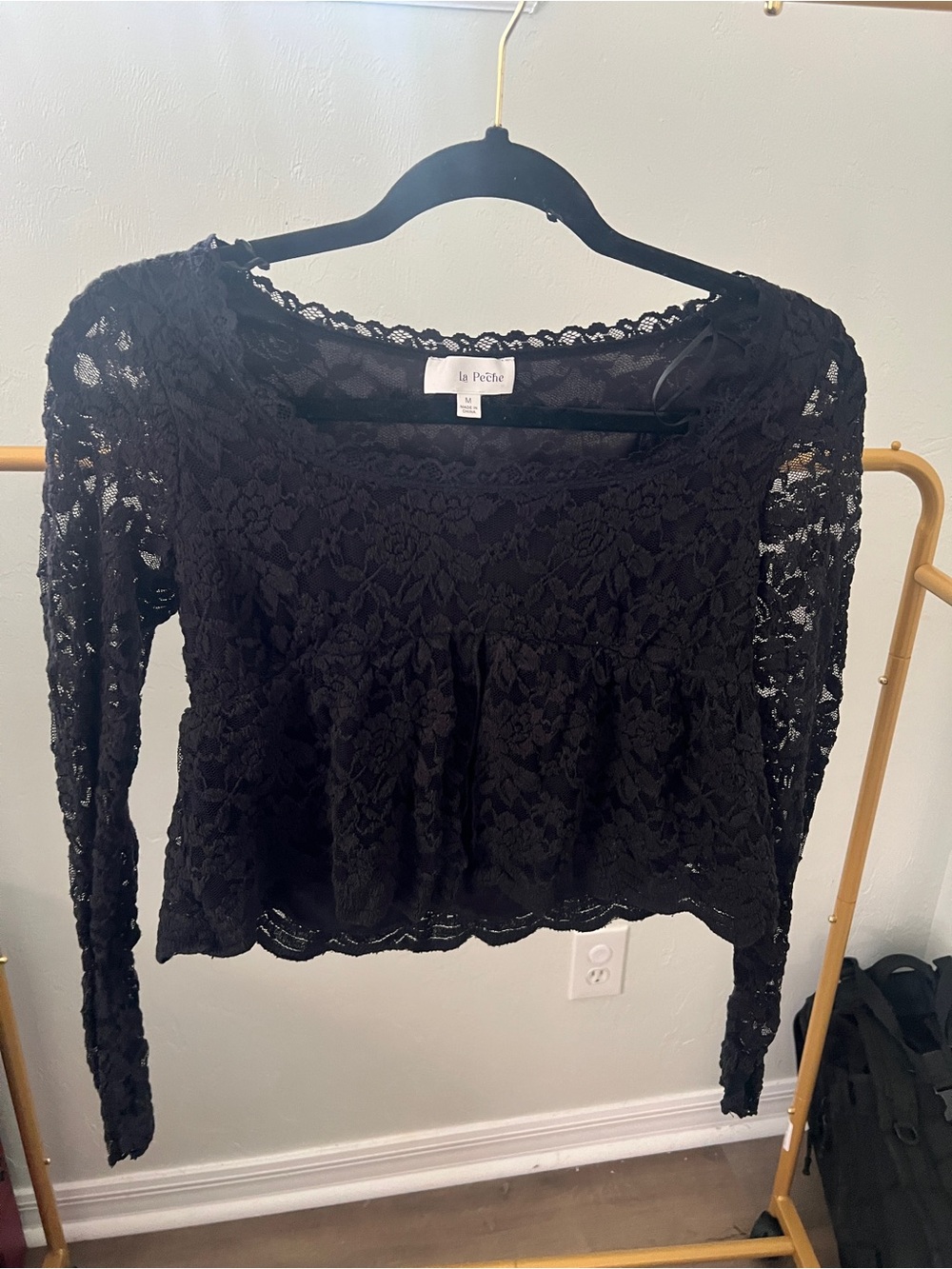 Black Lace Long-Sleeve Peplum Top